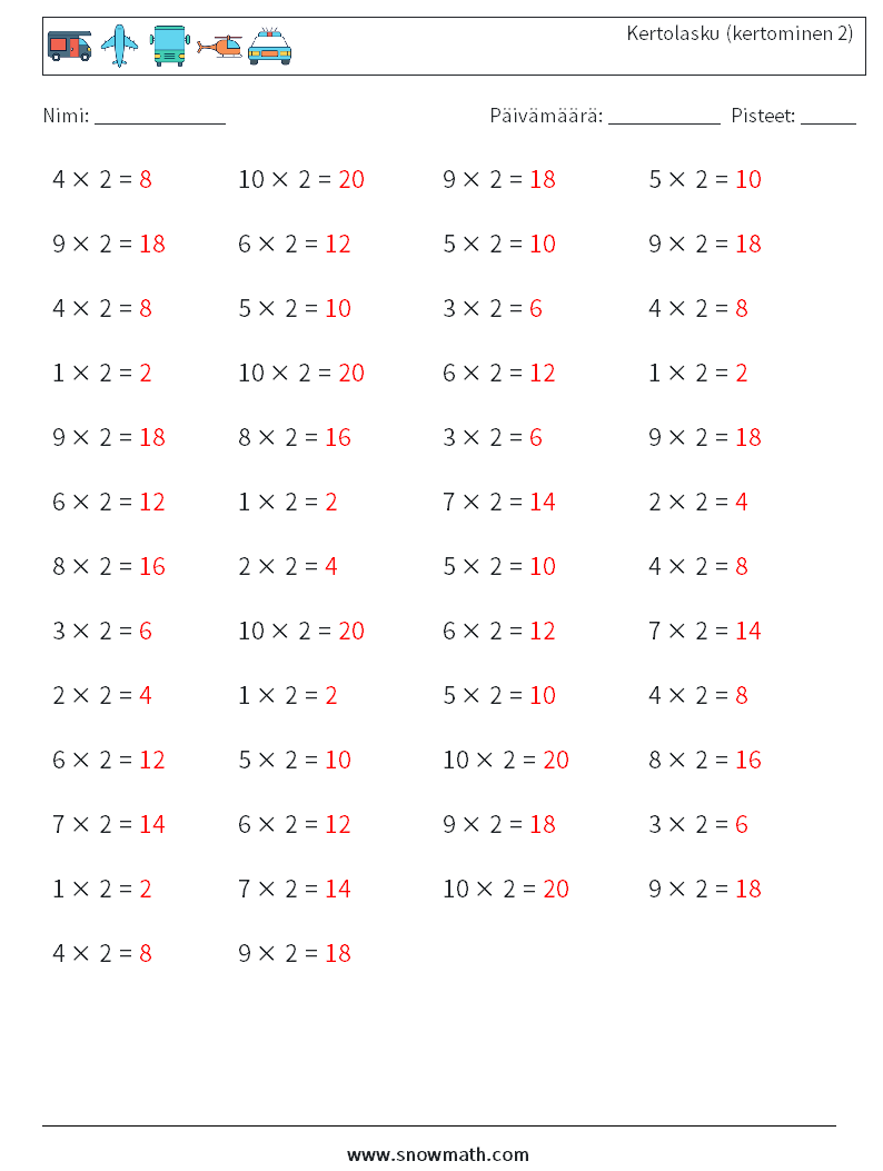 (50) Kertolasku (kertominen 2) Matematiikan laskentataulukot 3 Kysymys, vastaus