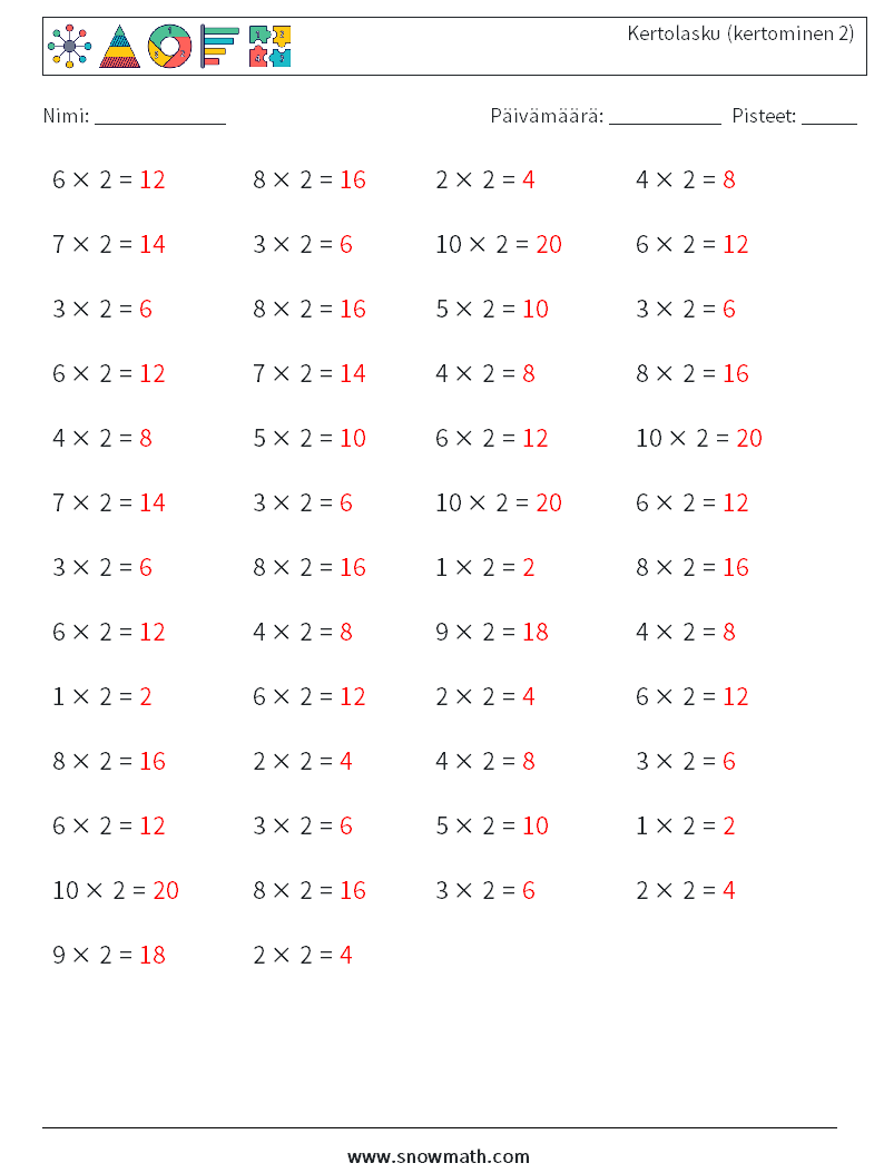 (50) Kertolasku (kertominen 2) Matematiikan laskentataulukot 5 Kysymys, vastaus