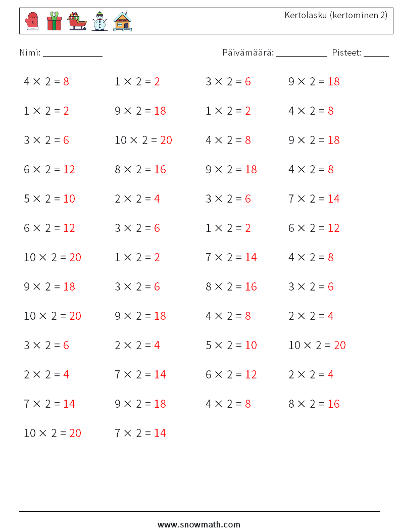 (50) Kertolasku (kertominen 2) Matematiikan laskentataulukot 8 Kysymys, vastaus