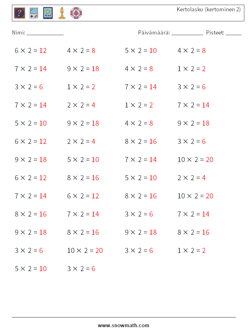 (50) Kertolasku (kertominen 2) Matematiikan laskentataulukot 9 Kysymys, vastaus