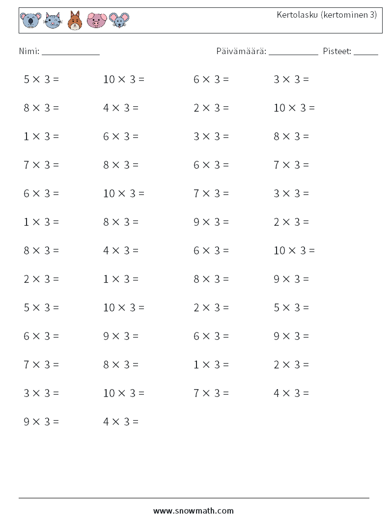 (50) Kertolasku (kertominen 3) Matematiikan laskentataulukot 2