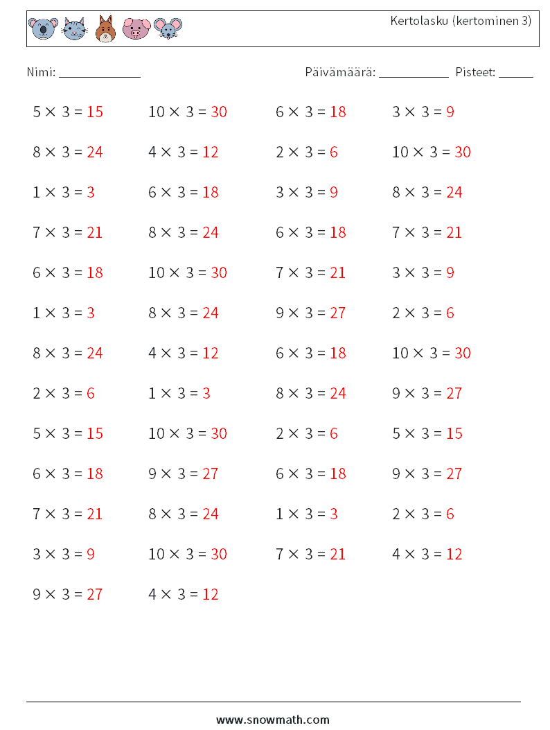 (50) Kertolasku (kertominen 3) Matematiikan laskentataulukot 2 Kysymys, vastaus