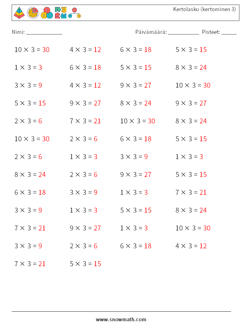 (50) Kertolasku (kertominen 3) Matematiikan laskentataulukot 5 Kysymys, vastaus