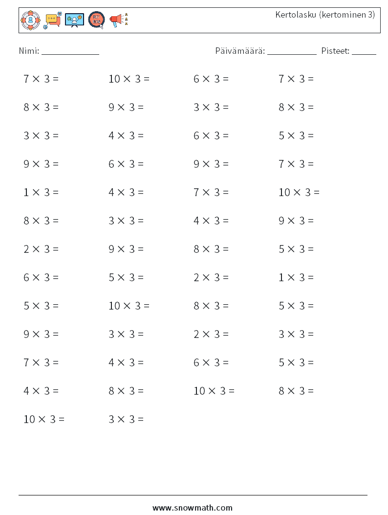 (50) Kertolasku (kertominen 3) Matematiikan laskentataulukot 8