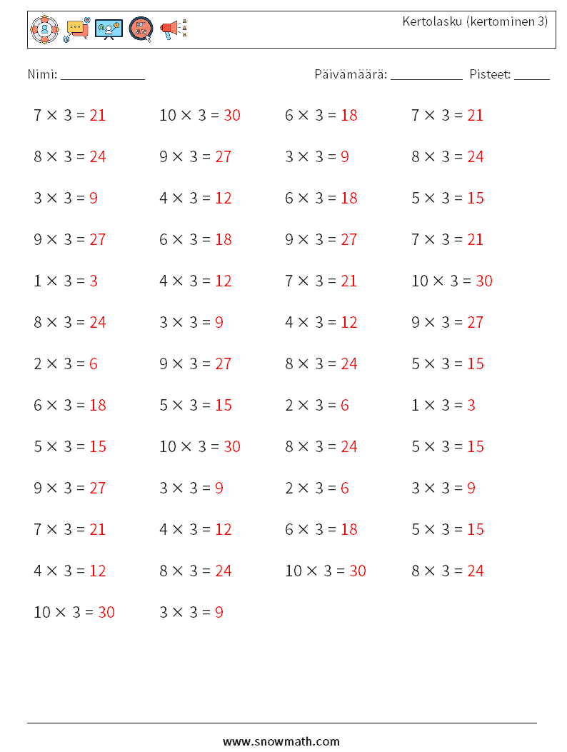 (50) Kertolasku (kertominen 3) Matematiikan laskentataulukot 8 Kysymys, vastaus
