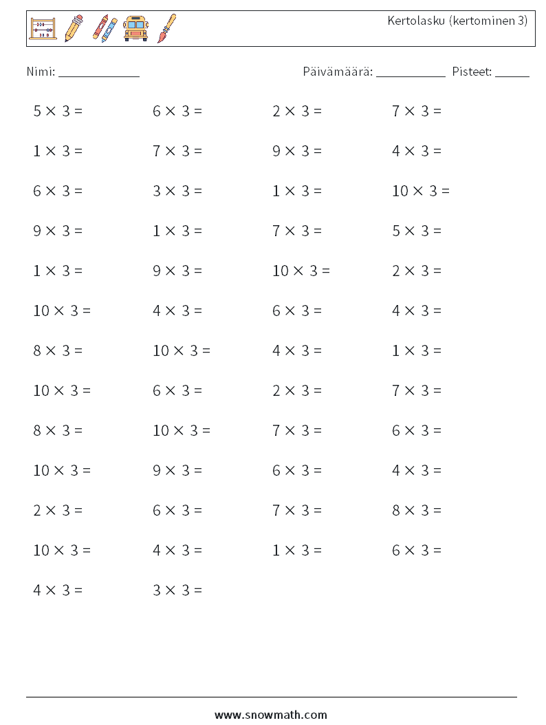 (50) Kertolasku (kertominen 3) Matematiikan laskentataulukot 9