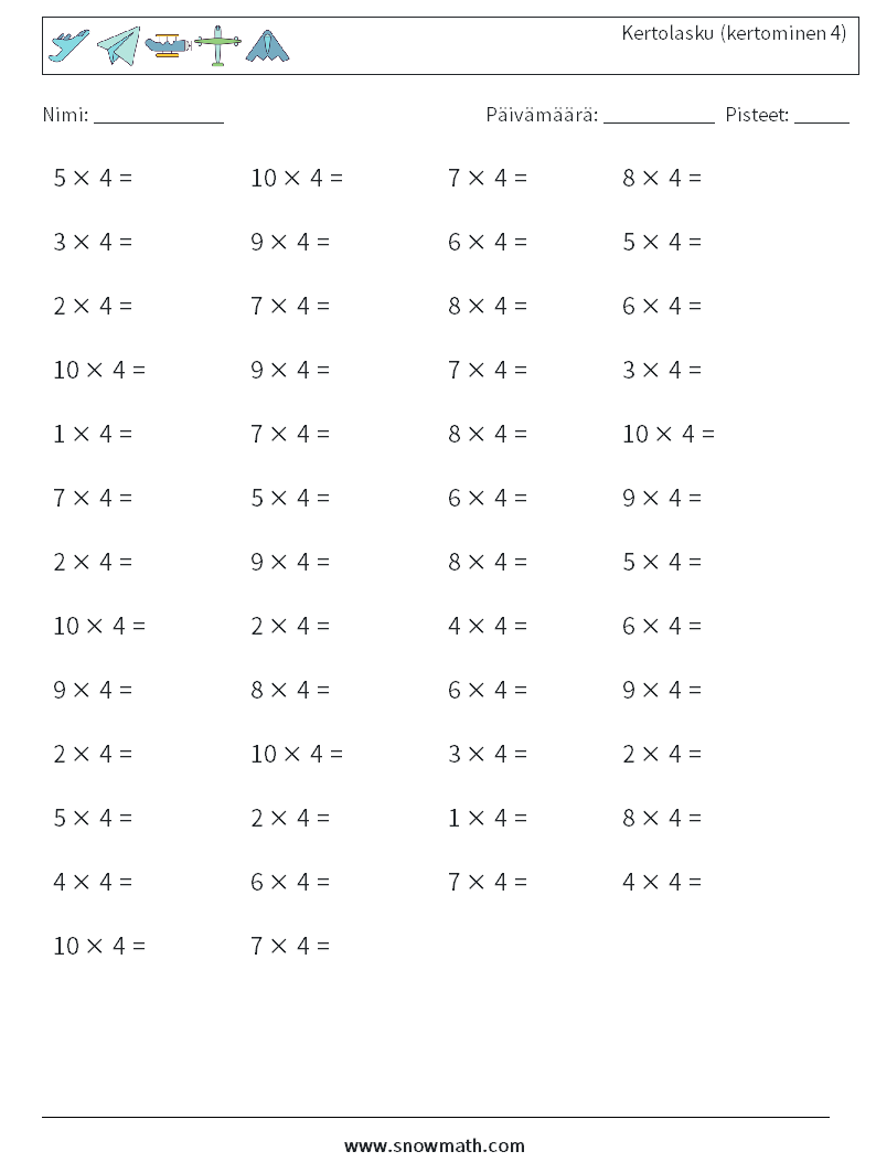 (50) Kertolasku (kertominen 4) Matematiikan laskentataulukot 2