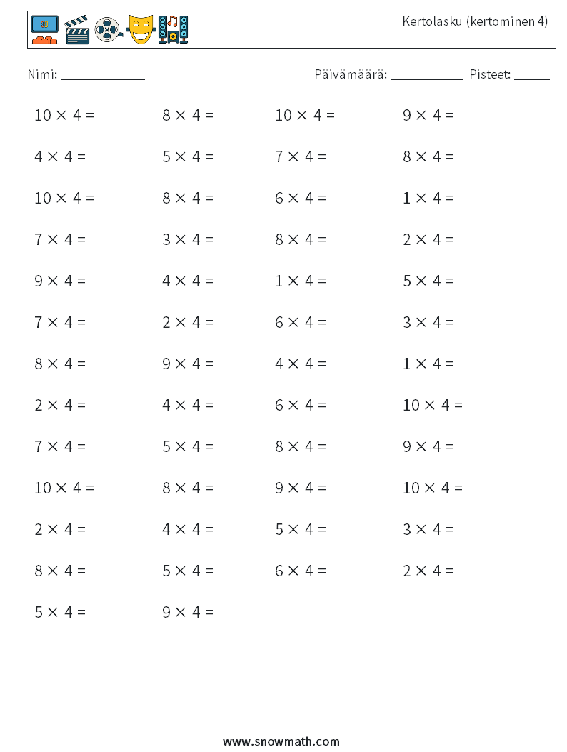(50) Kertolasku (kertominen 4) Matematiikan laskentataulukot 5
