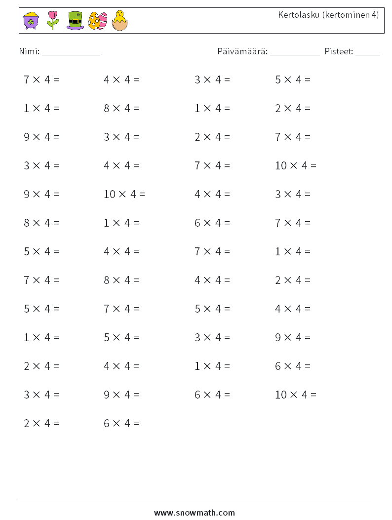 (50) Kertolasku (kertominen 4) Matematiikan laskentataulukot 6