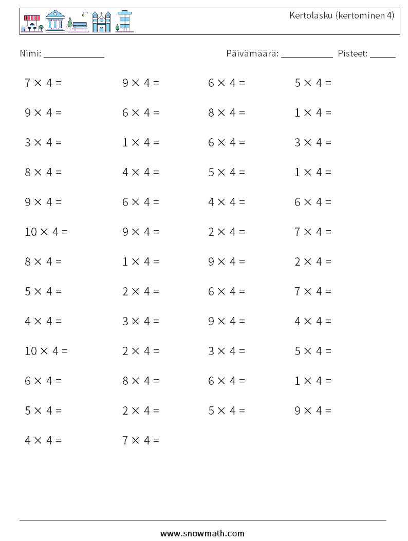 (50) Kertolasku (kertominen 4) Matematiikan laskentataulukot 8