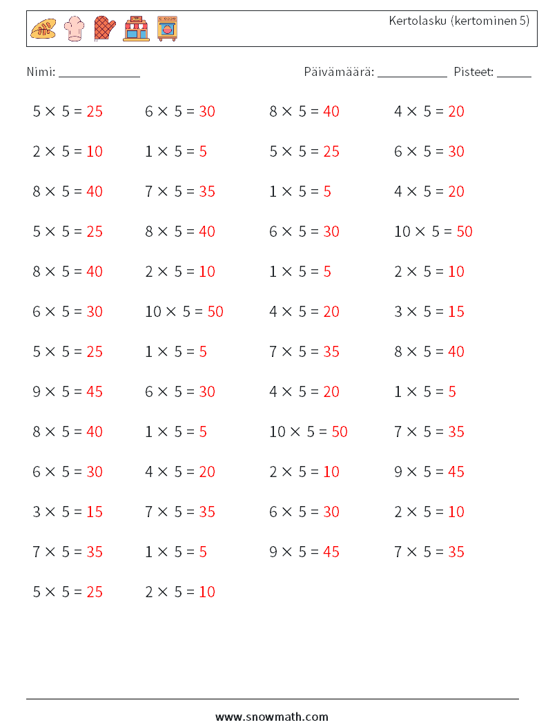 (50) Kertolasku (kertominen 5) Matematiikan laskentataulukot 8 Kysymys, vastaus