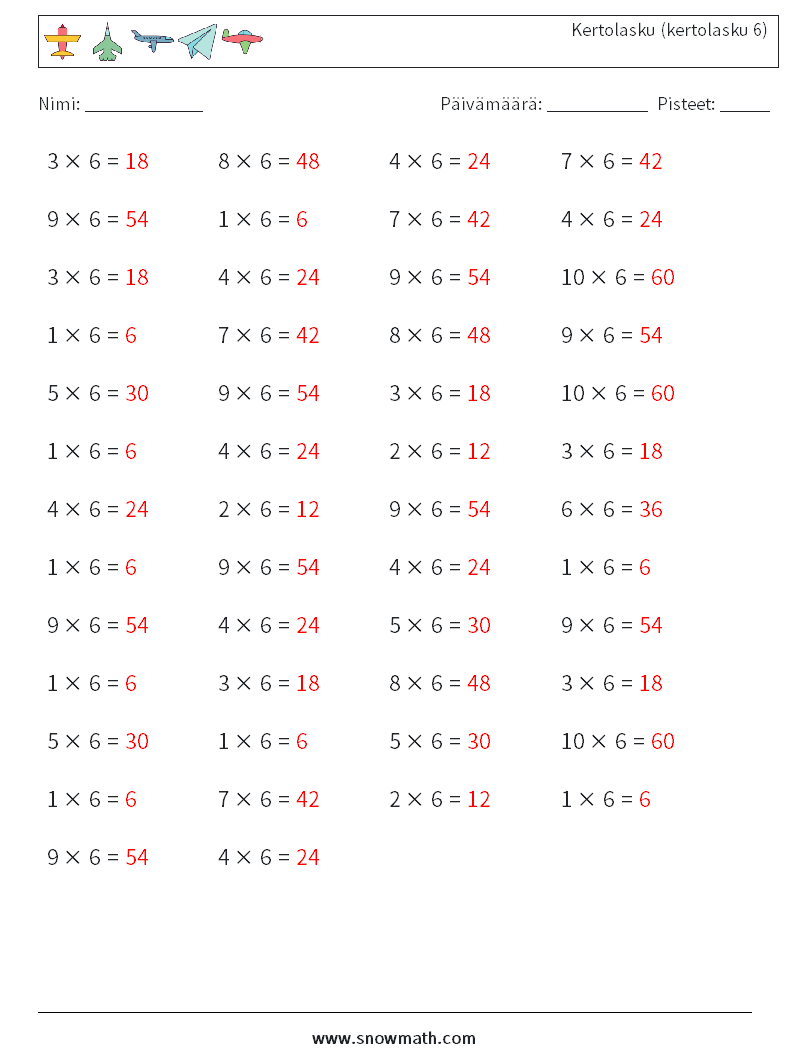 (50) Kertolasku (kertolasku 6) Matematiikan laskentataulukot 2 Kysymys, vastaus