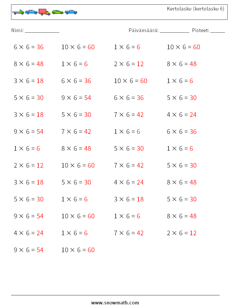 (50) Kertolasku (kertolasku 6) Matematiikan laskentataulukot 3 Kysymys, vastaus