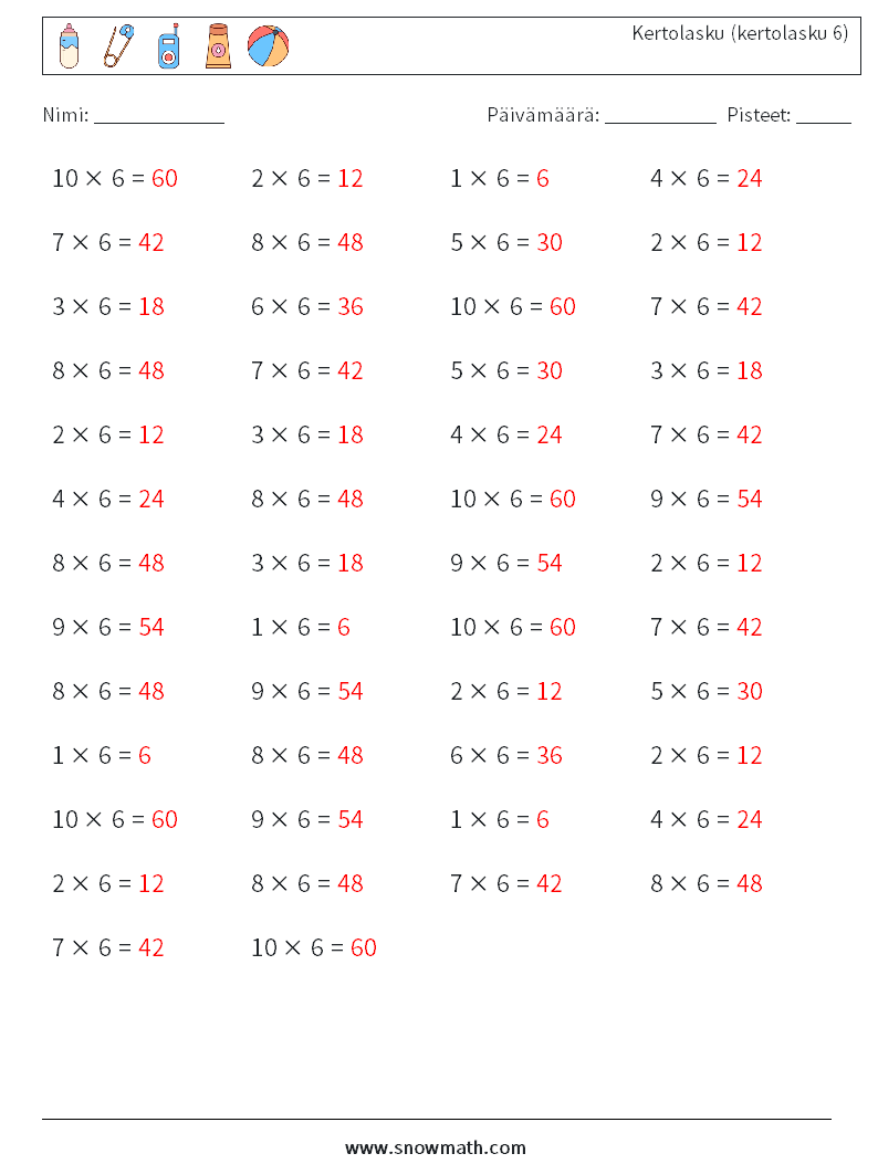 (50) Kertolasku (kertolasku 6) Matematiikan laskentataulukot 4 Kysymys, vastaus