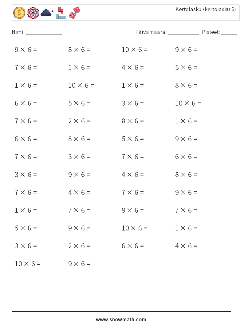 (50) Kertolasku (kertolasku 6) Matematiikan laskentataulukot 6