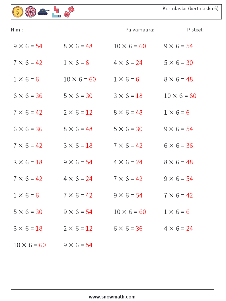 (50) Kertolasku (kertolasku 6) Matematiikan laskentataulukot 6 Kysymys, vastaus