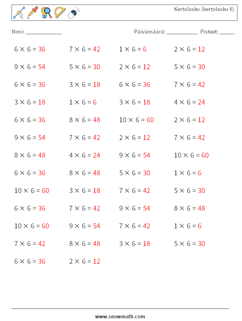 (50) Kertolasku (kertolasku 6) Matematiikan laskentataulukot 7 Kysymys, vastaus