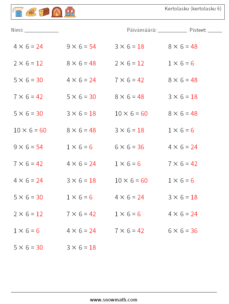 (50) Kertolasku (kertolasku 6) Matematiikan laskentataulukot 9 Kysymys, vastaus