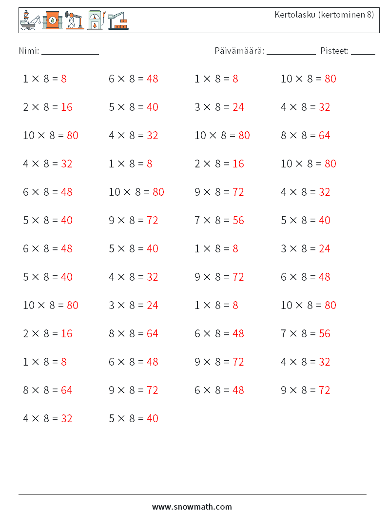 (50) Kertolasku (kertominen 8) Matematiikan laskentataulukot 1 Kysymys, vastaus