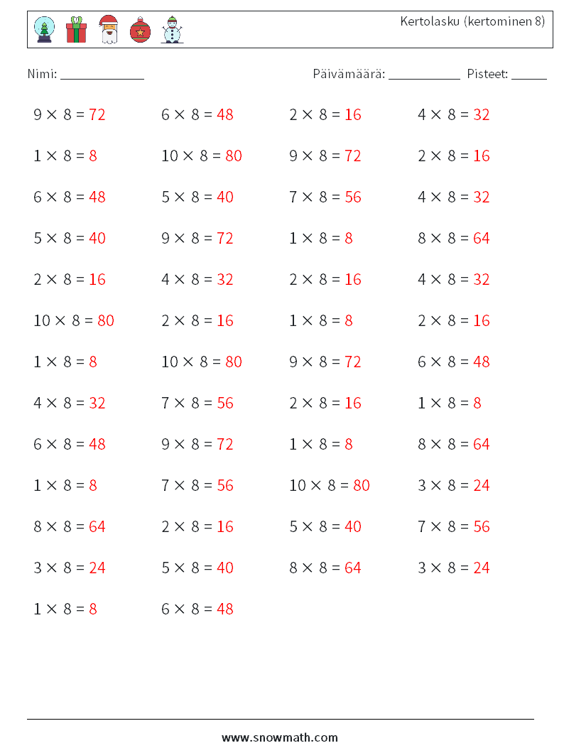 (50) Kertolasku (kertominen 8) Matematiikan laskentataulukot 2 Kysymys, vastaus