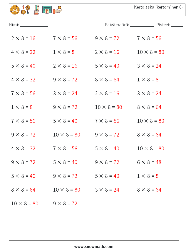 (50) Kertolasku (kertominen 8) Matematiikan laskentataulukot 3 Kysymys, vastaus