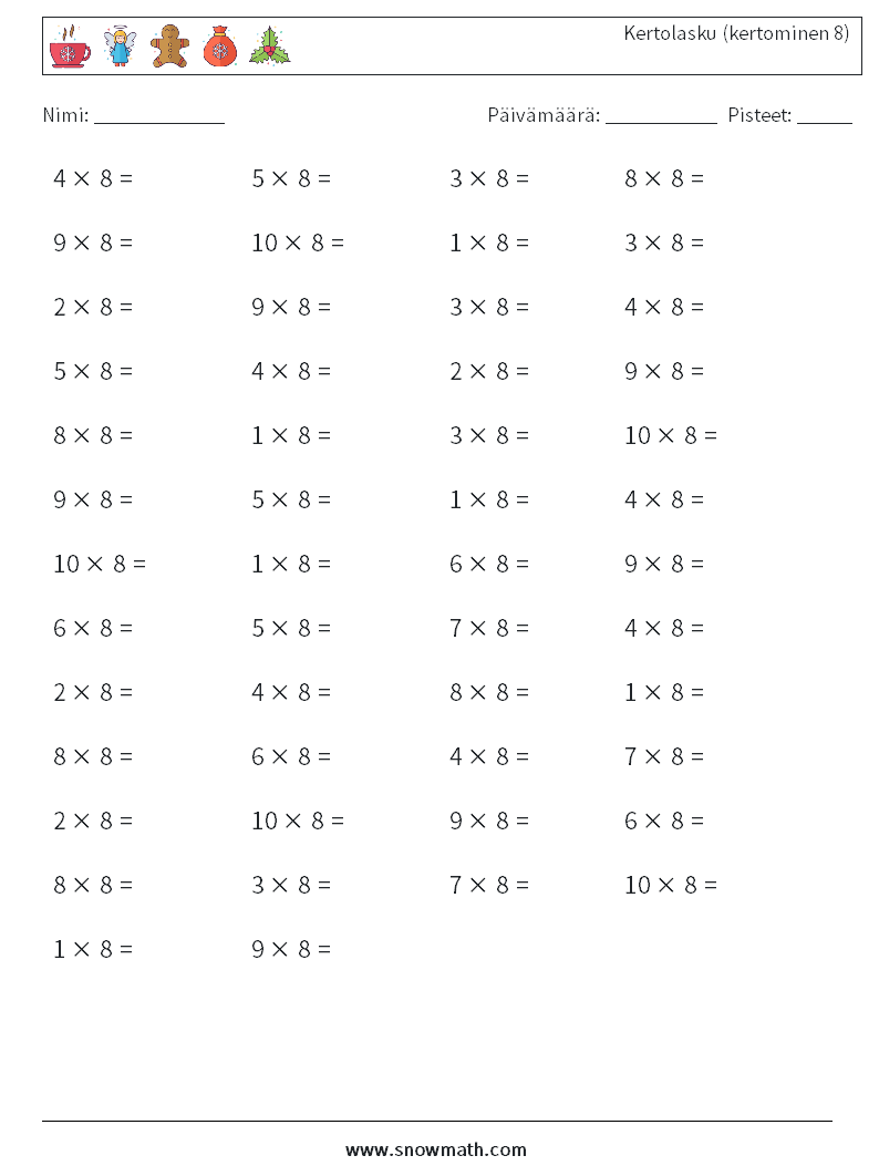 (50) Kertolasku (kertominen 8) Matematiikan laskentataulukot 4