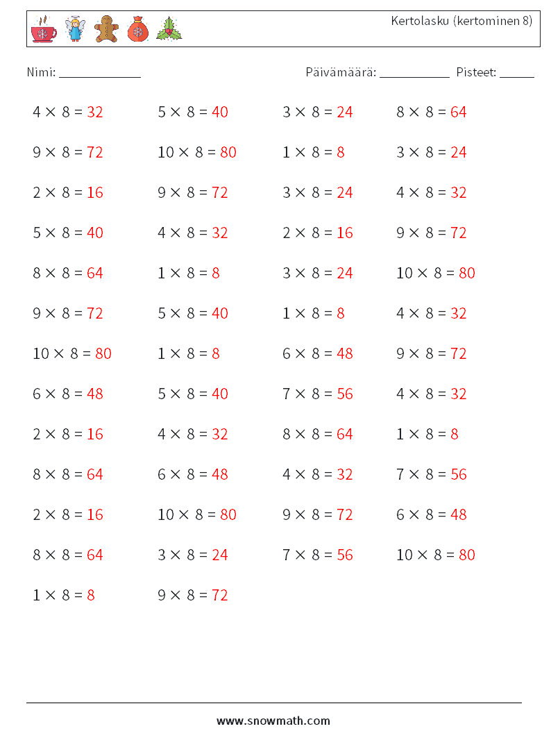 (50) Kertolasku (kertominen 8) Matematiikan laskentataulukot 4 Kysymys, vastaus