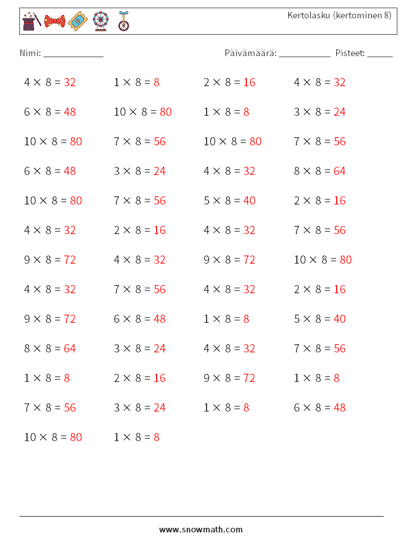 (50) Kertolasku (kertominen 8) Matematiikan laskentataulukot 5 Kysymys, vastaus