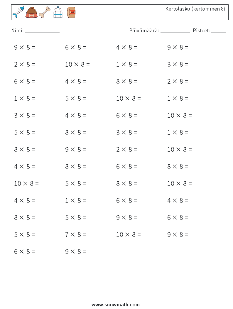 (50) Kertolasku (kertominen 8) Matematiikan laskentataulukot 7