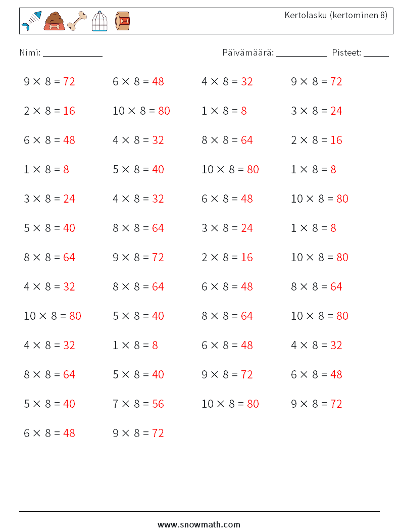 (50) Kertolasku (kertominen 8) Matematiikan laskentataulukot 7 Kysymys, vastaus