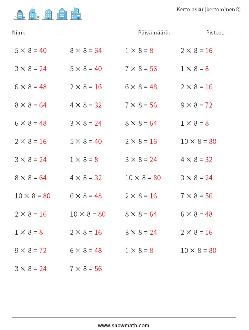 (50) Kertolasku (kertominen 8) Matematiikan laskentataulukot 8 Kysymys, vastaus