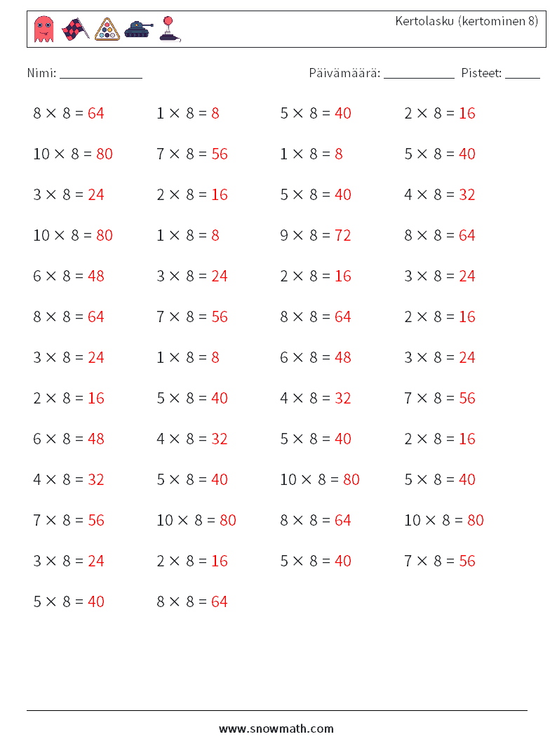 (50) Kertolasku (kertominen 8) Matematiikan laskentataulukot 9 Kysymys, vastaus