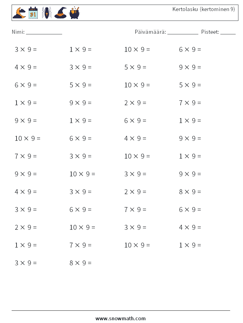 (50) Kertolasku (kertominen 9) Matematiikan laskentataulukot 2