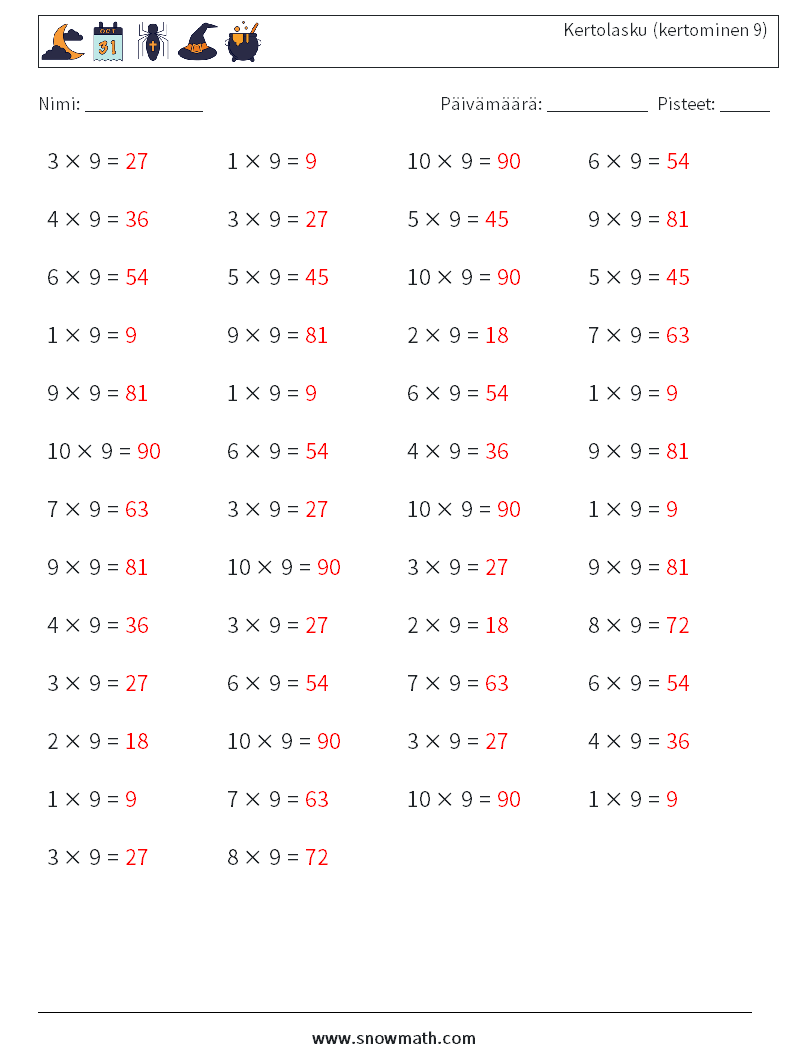 (50) Kertolasku (kertominen 9) Matematiikan laskentataulukot 2 Kysymys, vastaus