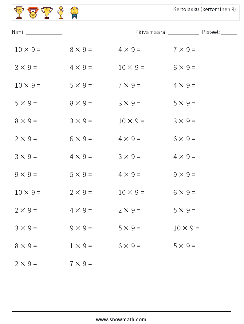 (50) Kertolasku (kertominen 9) Matematiikan laskentataulukot 3