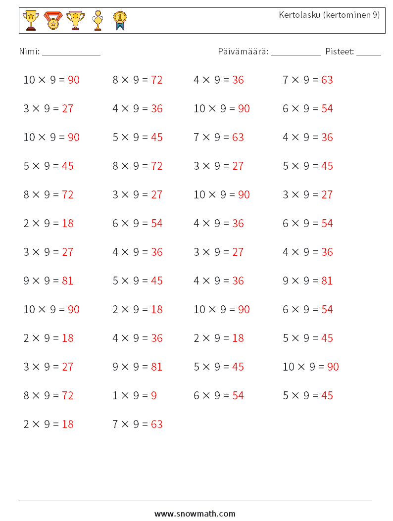 (50) Kertolasku (kertominen 9) Matematiikan laskentataulukot 3 Kysymys, vastaus