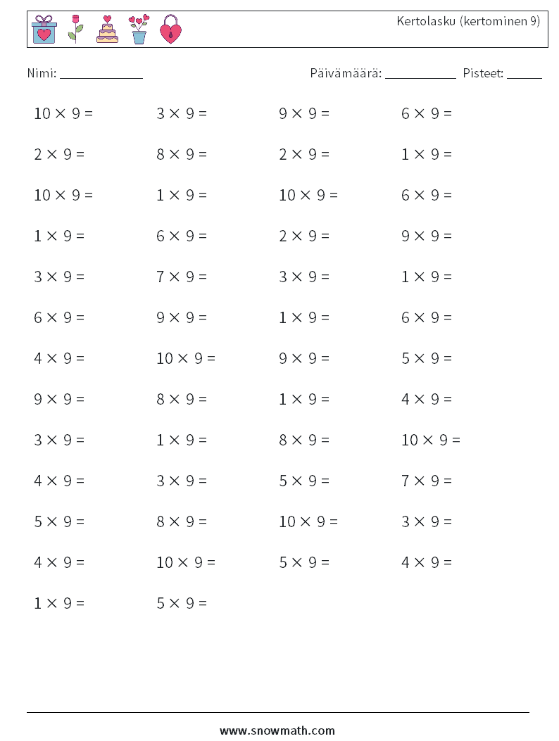 (50) Kertolasku (kertominen 9) Matematiikan laskentataulukot 4