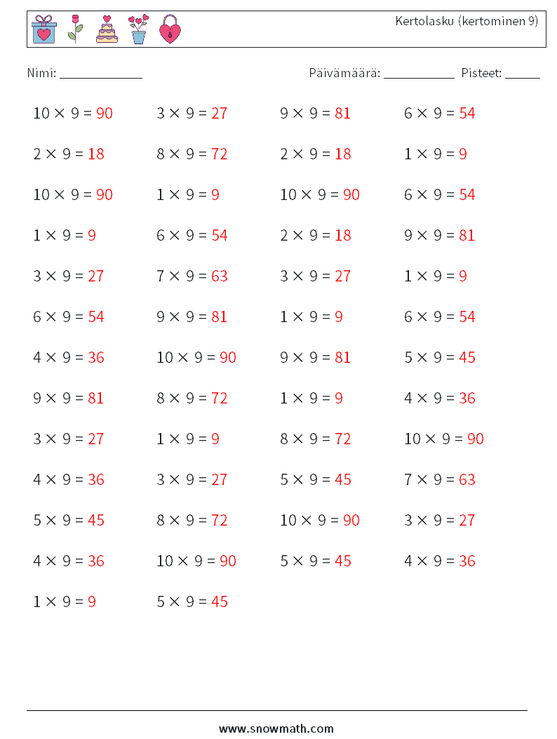 (50) Kertolasku (kertominen 9) Matematiikan laskentataulukot 4 Kysymys, vastaus