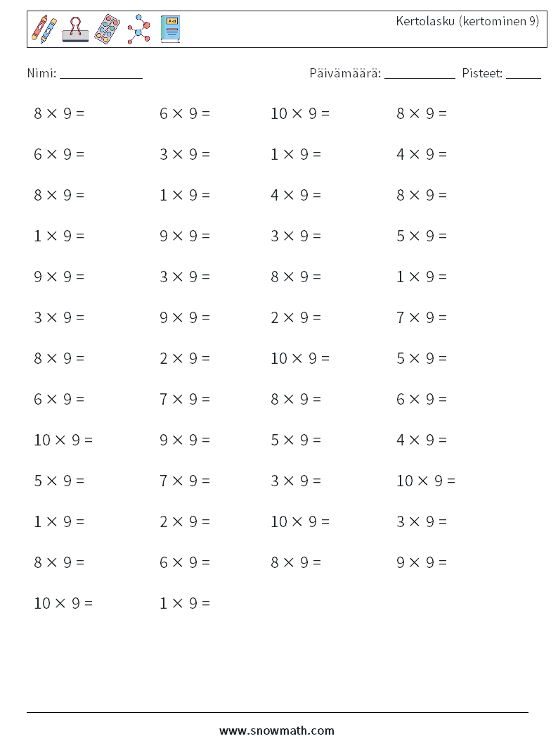 (50) Kertolasku (kertominen 9) Matematiikan laskentataulukot 5