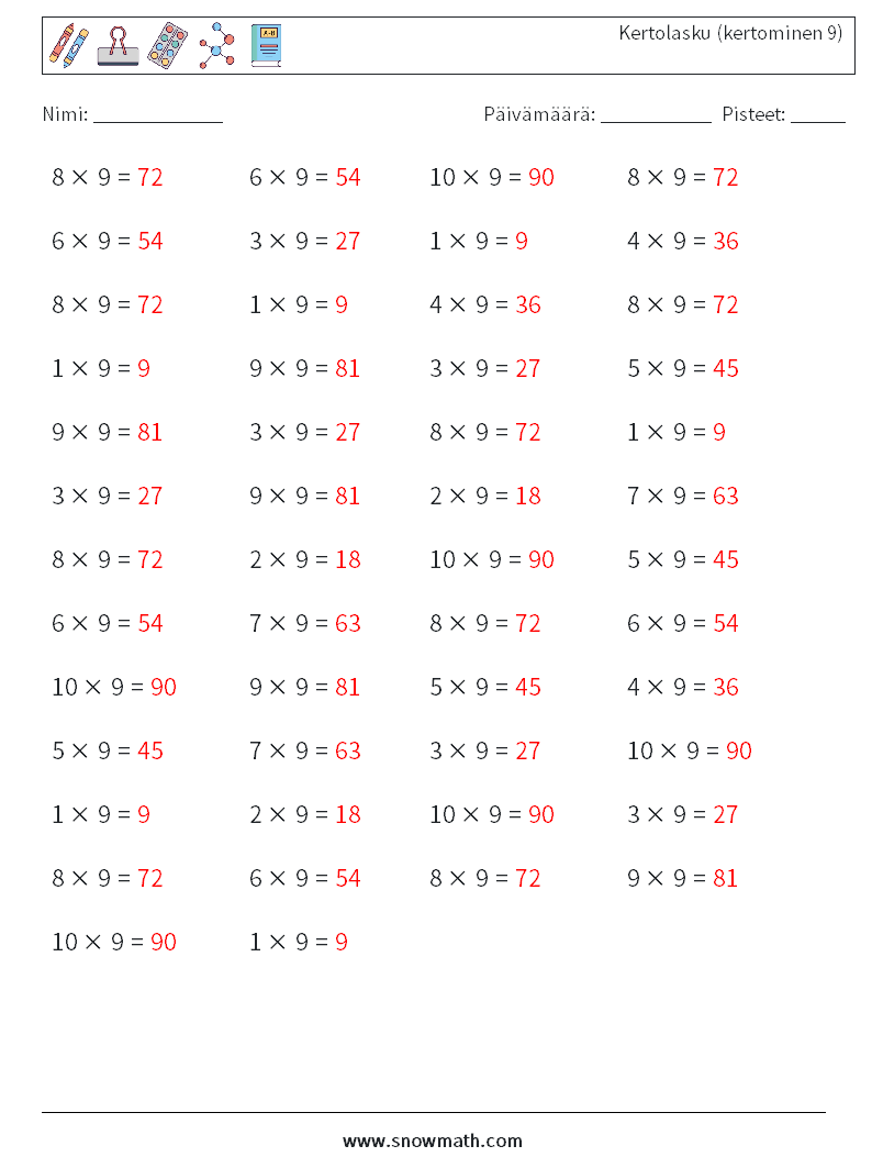 (50) Kertolasku (kertominen 9) Matematiikan laskentataulukot 5 Kysymys, vastaus