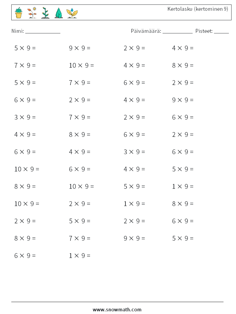 (50) Kertolasku (kertominen 9) Matematiikan laskentataulukot 7