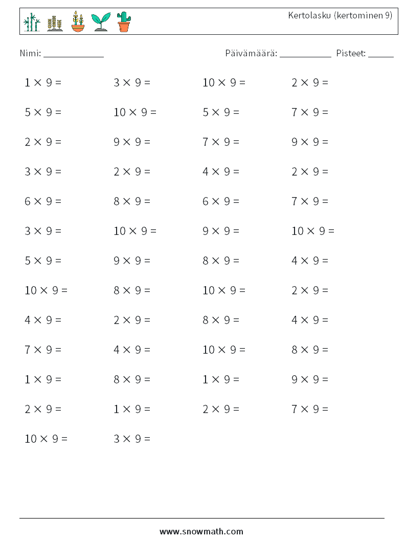 (50) Kertolasku (kertominen 9) Matematiikan laskentataulukot 8