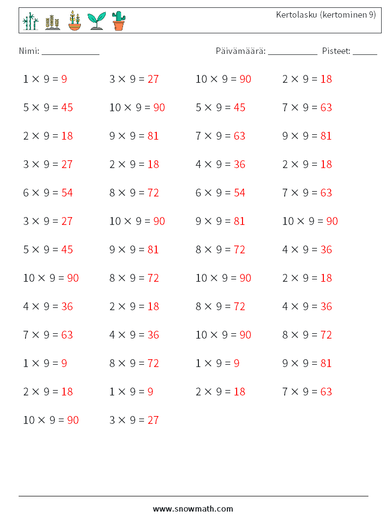 (50) Kertolasku (kertominen 9) Matematiikan laskentataulukot 8 Kysymys, vastaus
