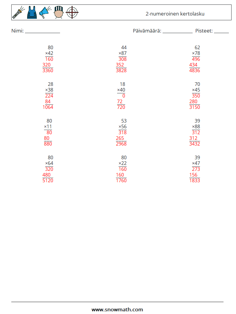 (12) 2-numeroinen kertolasku Matematiikan laskentataulukot 12 Kysymys, vastaus