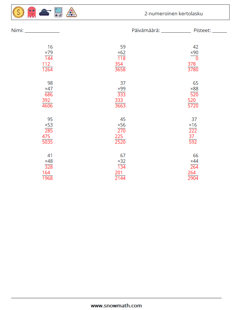 (12) 2-numeroinen kertolasku Matematiikan laskentataulukot 1 Kysymys, vastaus