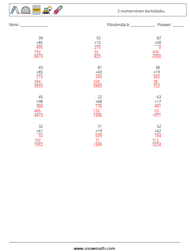 (12) 2-numeroinen kertolasku Matematiikan laskentataulukot 3 Kysymys, vastaus