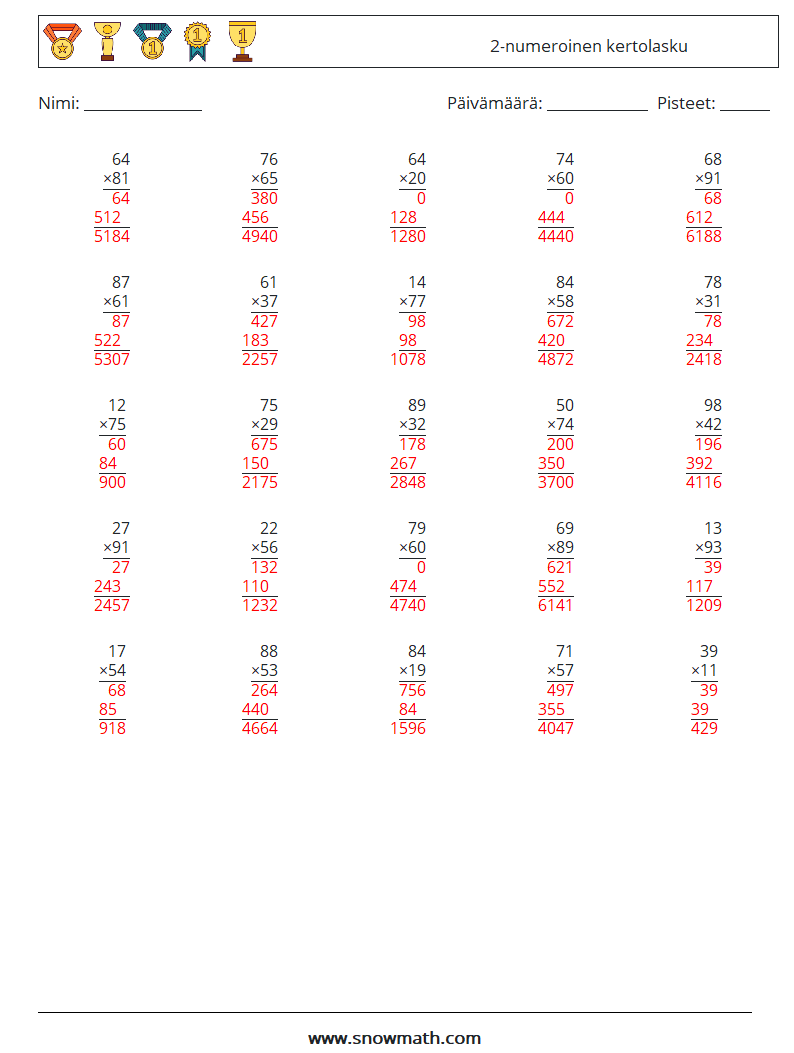 (25) 2-numeroinen kertolasku Matematiikan laskentataulukot 10 Kysymys, vastaus