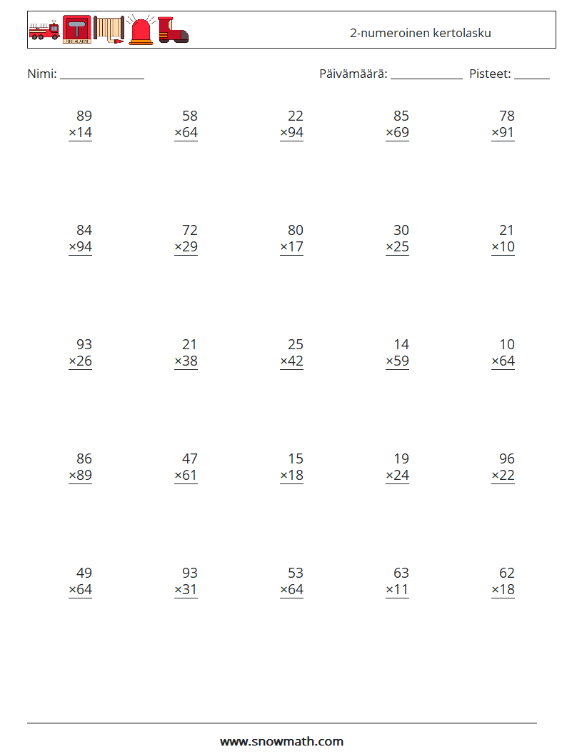 (25) 2-numeroinen kertolasku Matematiikan laskentataulukot 11