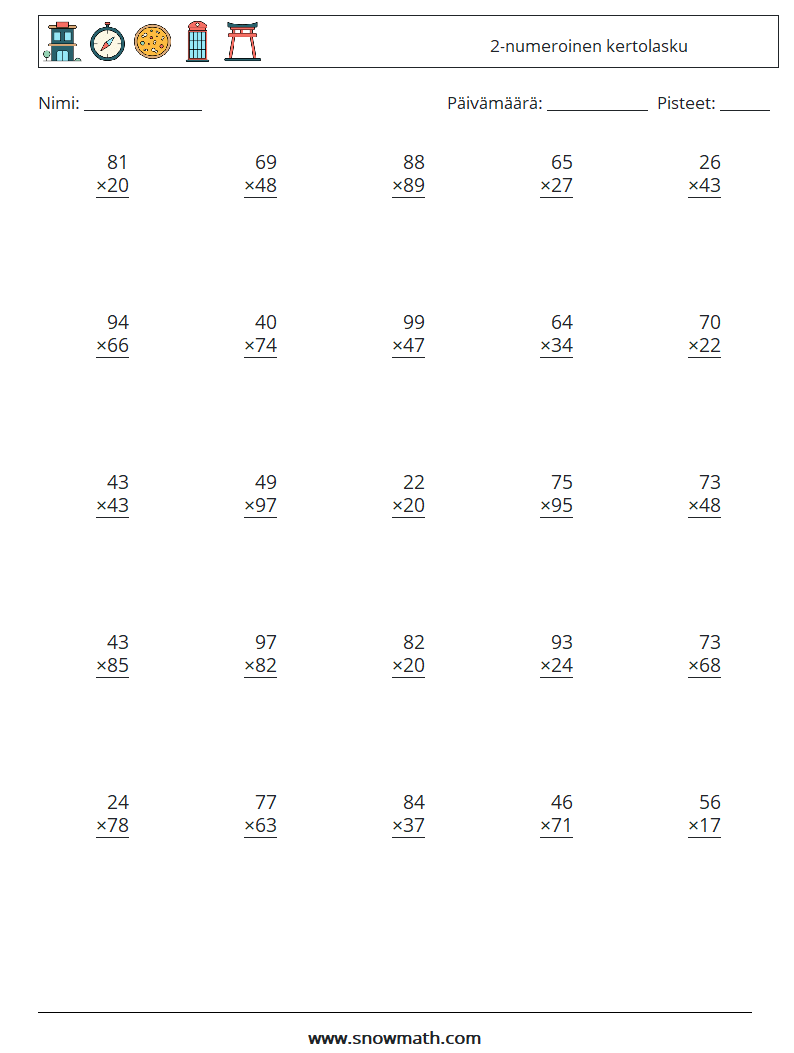 (25) 2-numeroinen kertolasku Matematiikan laskentataulukot 15