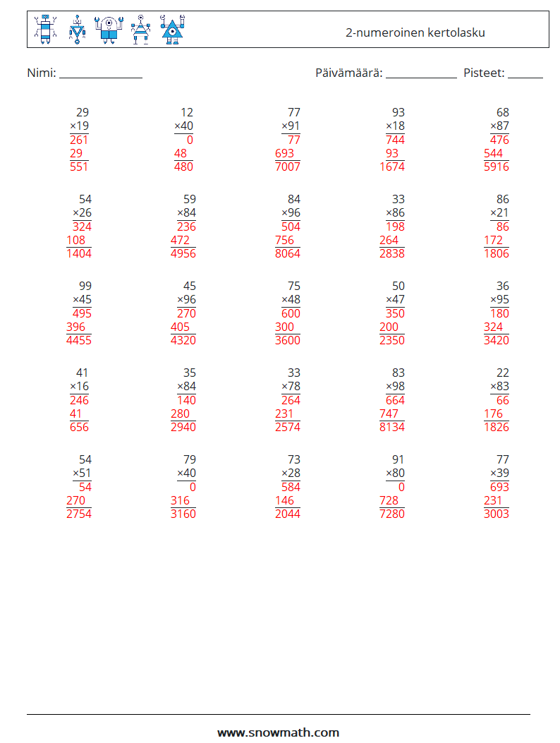 (25) 2-numeroinen kertolasku Matematiikan laskentataulukot 18 Kysymys, vastaus